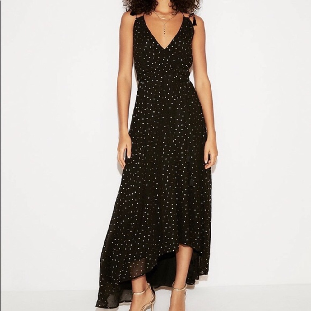 Express Tassels Surplice Dress Black Metallic XS P